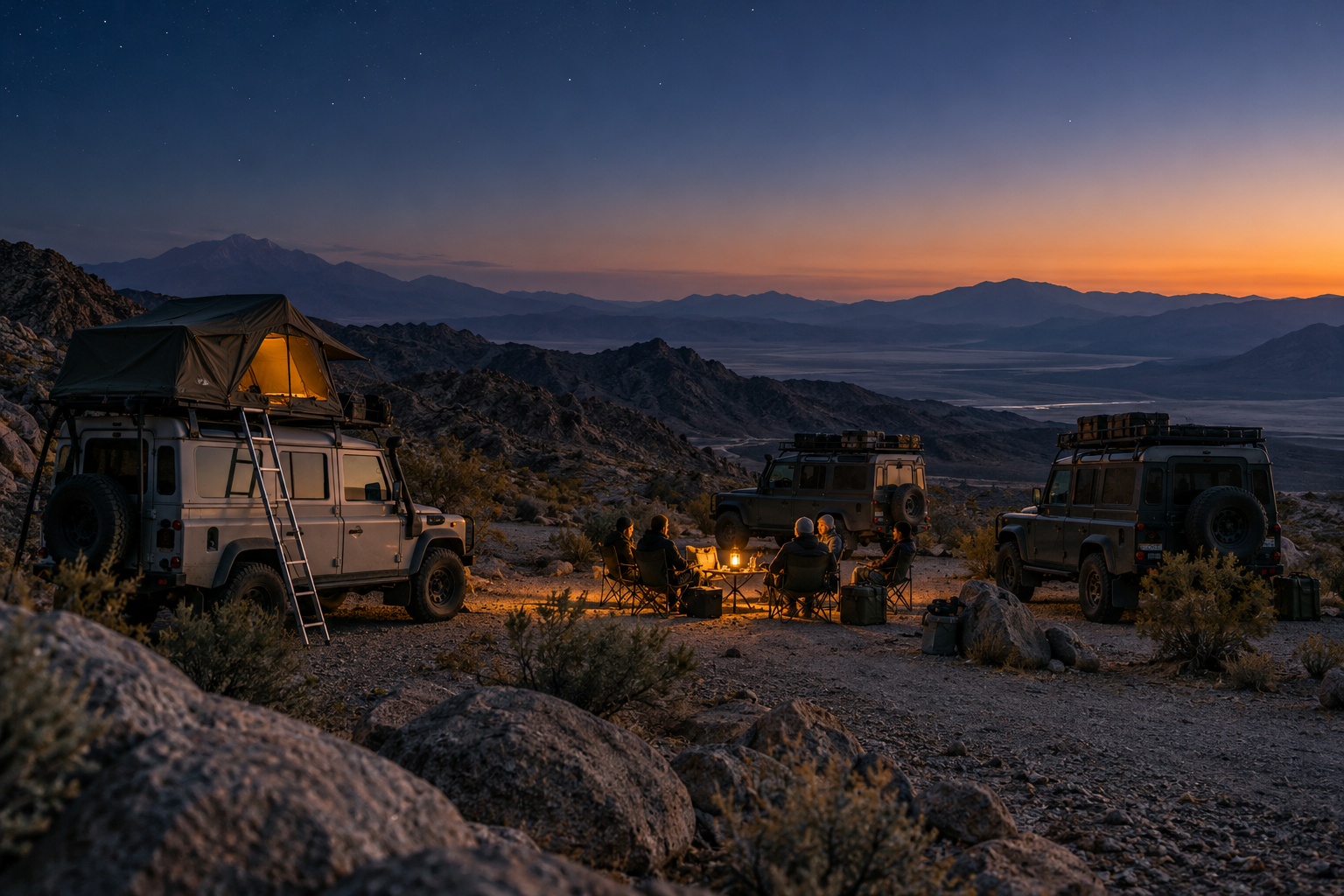 An overland camp in the desert as the first stars appear at dusk