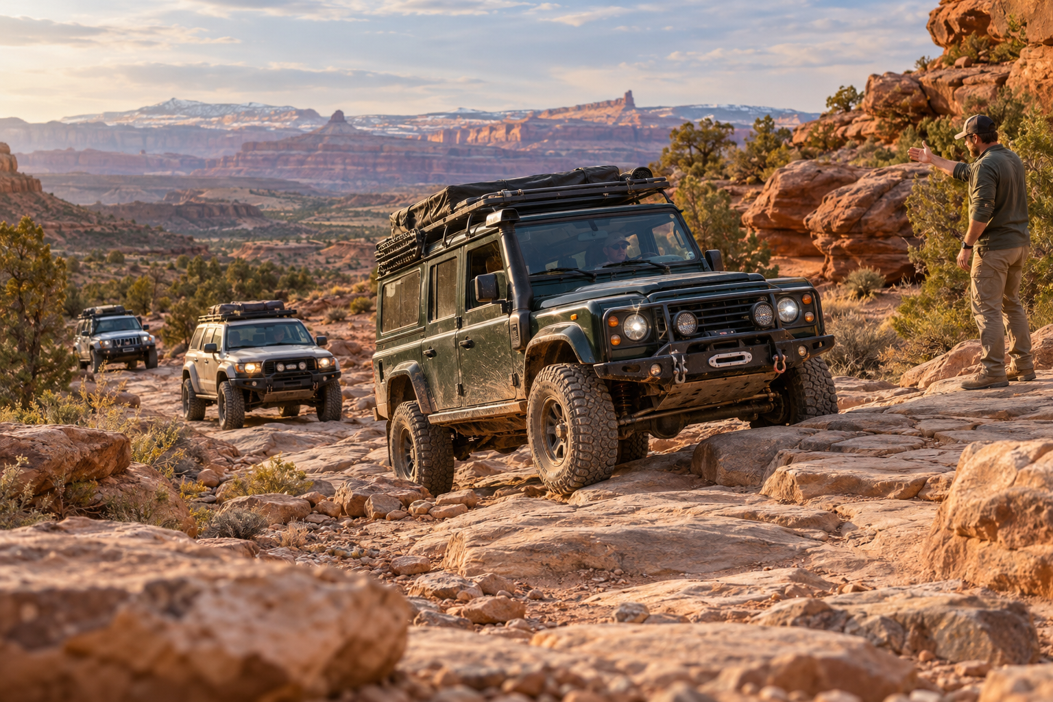 Overland vehicles picking their way along a rugged desert trail