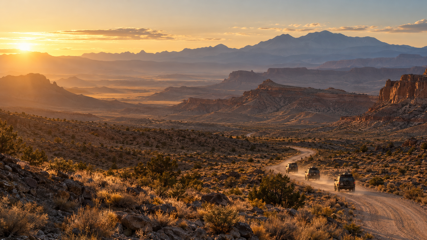 An overland convoy following a winding track through a vast desert landscape